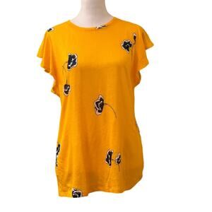 Ann Taylor Yellow Linen Blouse Cap Sleeve Floral Print Thin Material Size Large